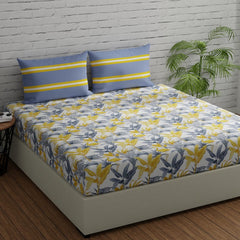 Cotton Bedsheet With 2 Pillow Covers - 88 X 96 Inches, Grey & Yellow | Ideal For Villas, Guest Houses, & Daily Home Use Double Bedsheet