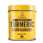 Blue Tea Curcumin Rich Turmeric Ashwagandha Herbal Tea - 15 Pyramid Tea Bags In Reusable Tin Pack | Enhances Immune System - Caffeine Free, Gluten Free, Non-GMO