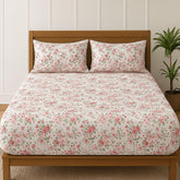 Cotton Elastic Fitted Double Bedsheets King Size With 2 Pillow Covers - 72x78+10 Inches, White & Pink | Luxurious Softness & Breathable Comfort Crafted Bedsheet