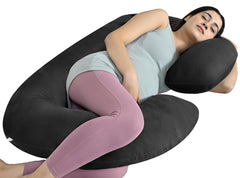 C Shaped Pregnancy Pillow For Maternity & Baby Nursing, Dark Grey Color | Full Body Support, Abdomen, Hip, Spine, Neck & Head Support Cushion | Premium Velvet Outer Cover With Zip, Comfy