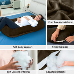 Full Body J Shape Pregnancy Pillow For Women, Maternity Pillow, Brown Color | Pillow Gift For Pregnancy Sleeping, Premium Velvet Cover With Zip | Adjustable & Washable Pillow