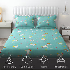 Wrinkle Free Soft Kids Double Bedsheets For King Size With 2 Pillow Cover | 90 X 95 Inches, Sky Blue | Cartoon Printed Design | Child Bedroom Decor