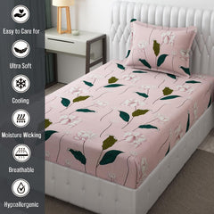 Microfiber Single Bedsheet Set With 1 Pillow Covers (60 X 90 Inches) Pink & Green | Durable & Long-Lasting | 144 Thread Count | Wrinkle Free
