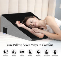 Wedge Memory Foam Pillow, Back Support Pillow For Bed, Grey & Black Gel | Acid Reflux, Snoring, Gerd, Leg Elevation, Pregnancy Support For Sitting & Sleeping | Adjustable Wedge Pillow