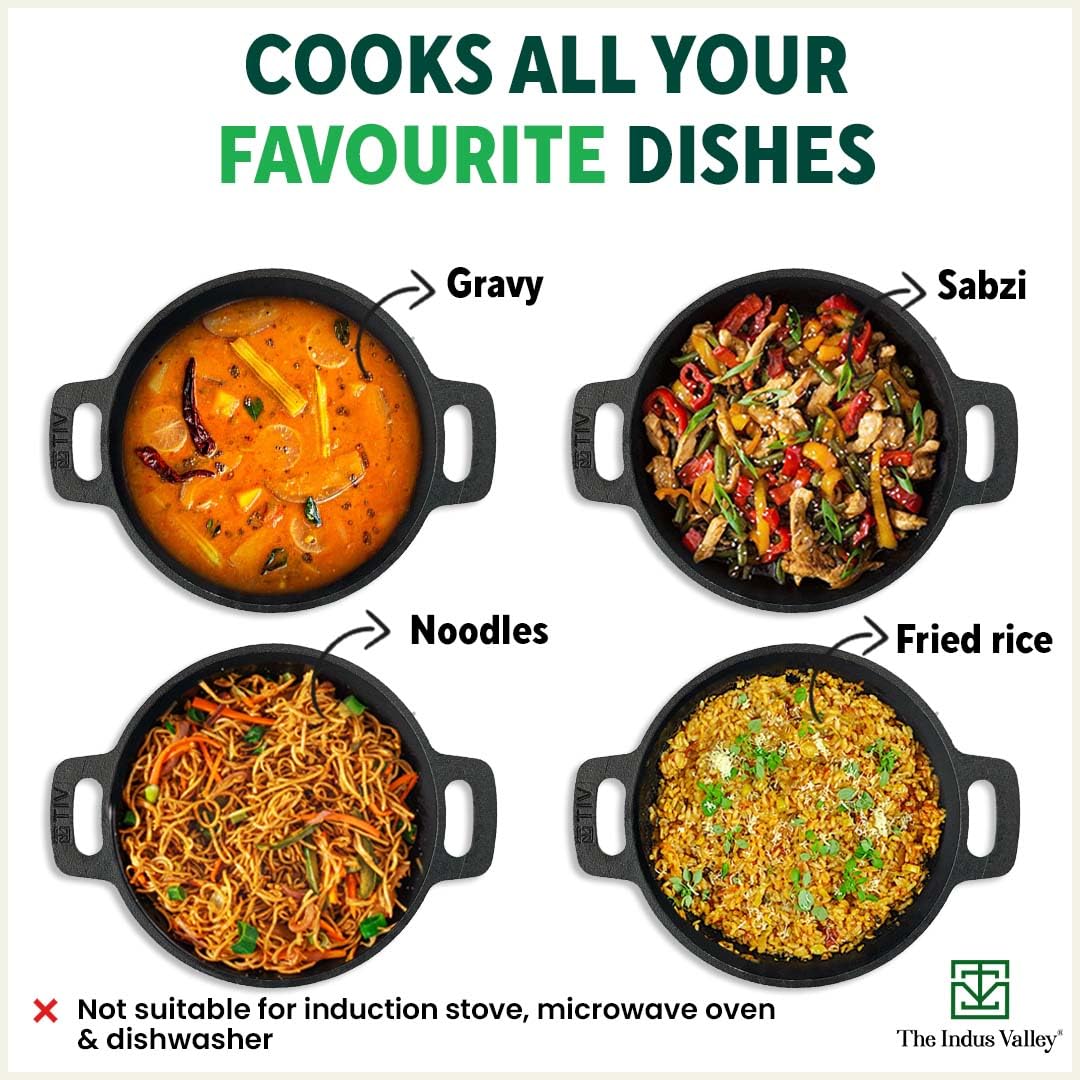 Pre-Seasoned Black Cast Iron Cookware Set - Tawa 25.7 Cm + Kadai 25.6 Cm, 2.4 Liters + Fry Pan 25 Cm, 1.6 Liters | Kitchen Cooking Combo Pots & Pans Set Of 3 Pcs - Naturally Nonstick Pre-Seasoned Black Cast Iron Cookware Set - Tawa 25.7 Cm + Kadai 25.6 Cm, 2.4 Liters + Fry Pan 25 Cm, 1.6 Liters | Kitchen Cooking Combo Pots & Pans Set Of 3 Pcs - Naturally Nonstick
