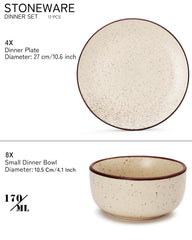 Handcrafted Ceramic Stoneware Dinner Set - Pack Of 12 Pcs, Beige Speckled | 4 Dinner Plates, 10.6 Inch Each + 8 Small Dinner Bowl, 170ml Each - Microwave & Dishwasher Safe