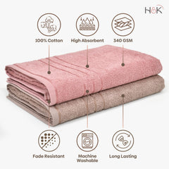 Haus & Kinder 100% Cotton Bath Towel 1000 Gsm | Ultra Absorbent, Quick Dry, Super Soft Large Size Towels (Roe Buck & Dusty Rose) - Set Of 2