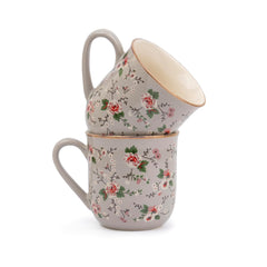 Ceramic Floral Tea Cups Set Of 6 - Grey Floral, 180ml Each | Tea Cup Set Of 6 - Premium Stoneware Tea Set | Ceramic Tea Cup With Glossy Finish - Small Cups For Tea | Microwave Safe & Dishwasher Safe