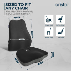 Advance Gel Blended Memory Foam Pillow, Coccyx Seat Cushion, Black Color | Full Length Back Support | Orthopedic Cushion Combo, Coccyx & Back Pain Relief, Long Sitting On Office, Home Chair