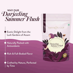 Saffron Cup Darjeeling Summer Flush Energetic Black Tea - 75gm, 2.6 Ounce | 100% Natural, Rich In Antioxidants - Perfect For Connoisseurs & Heart Health | Low Caffeine, Airtight Zip Lock Pouch