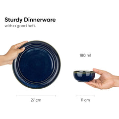 Ceramic Dinner Set Of 12 Pcs, Blue Green | Crockery Set For Dining Table - Dining Sets Crockery Items | Glossy Finish Premium Stoneware Dinner Set | 6 Dinner Plates+ 6 Veg Small Bowls, 180ml Each