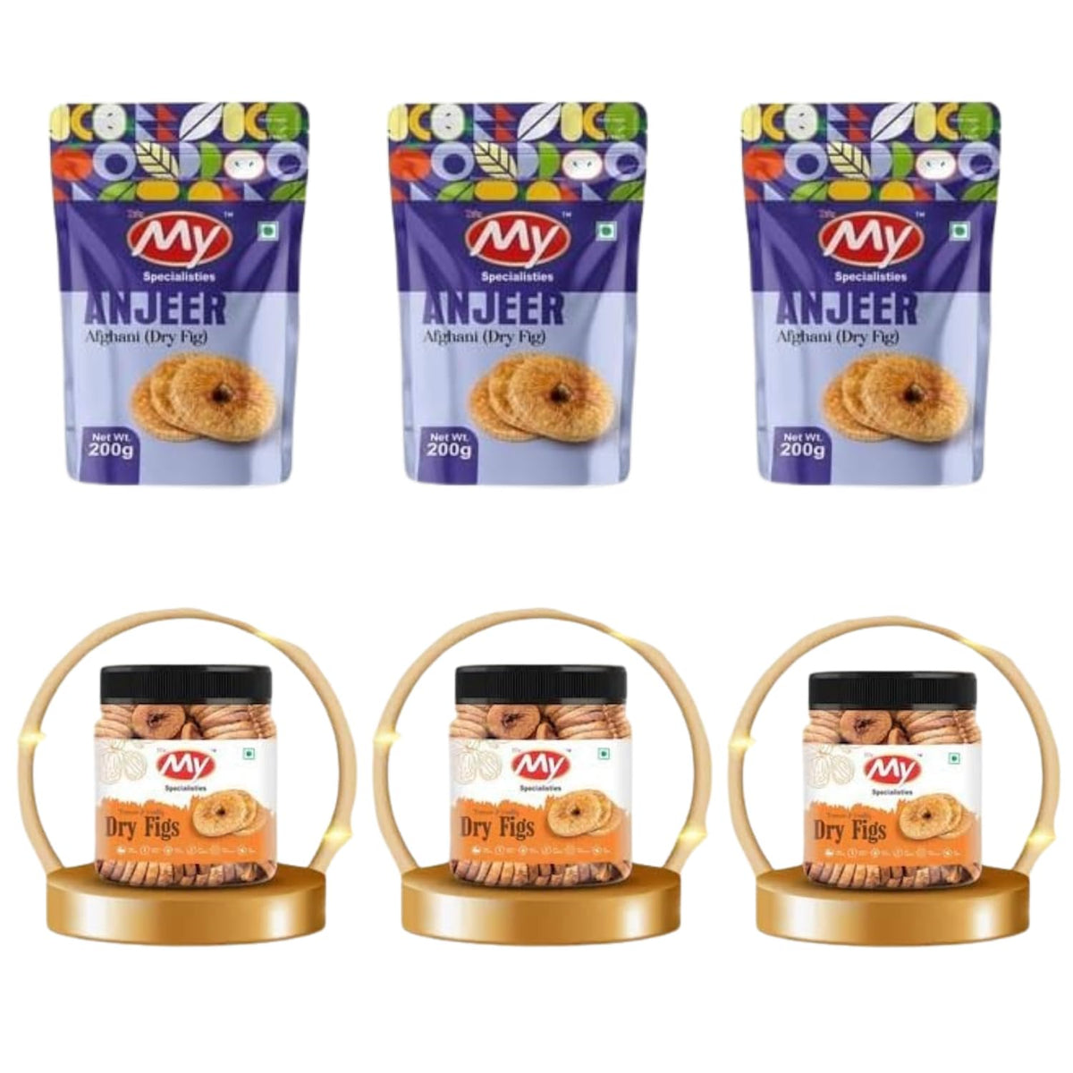 Premium Dried Afghani Anjeer Dried Figs By It'-z My Specialisties 1350gm, (200gm*3 & 250gm*3) | Rich Source Of Fibre Calcium, Iron | High In Minerals & Vitamins | Non-gmo Dried Figs Jar Pack & Packet | 47.6 Ounce | Pack Of 6