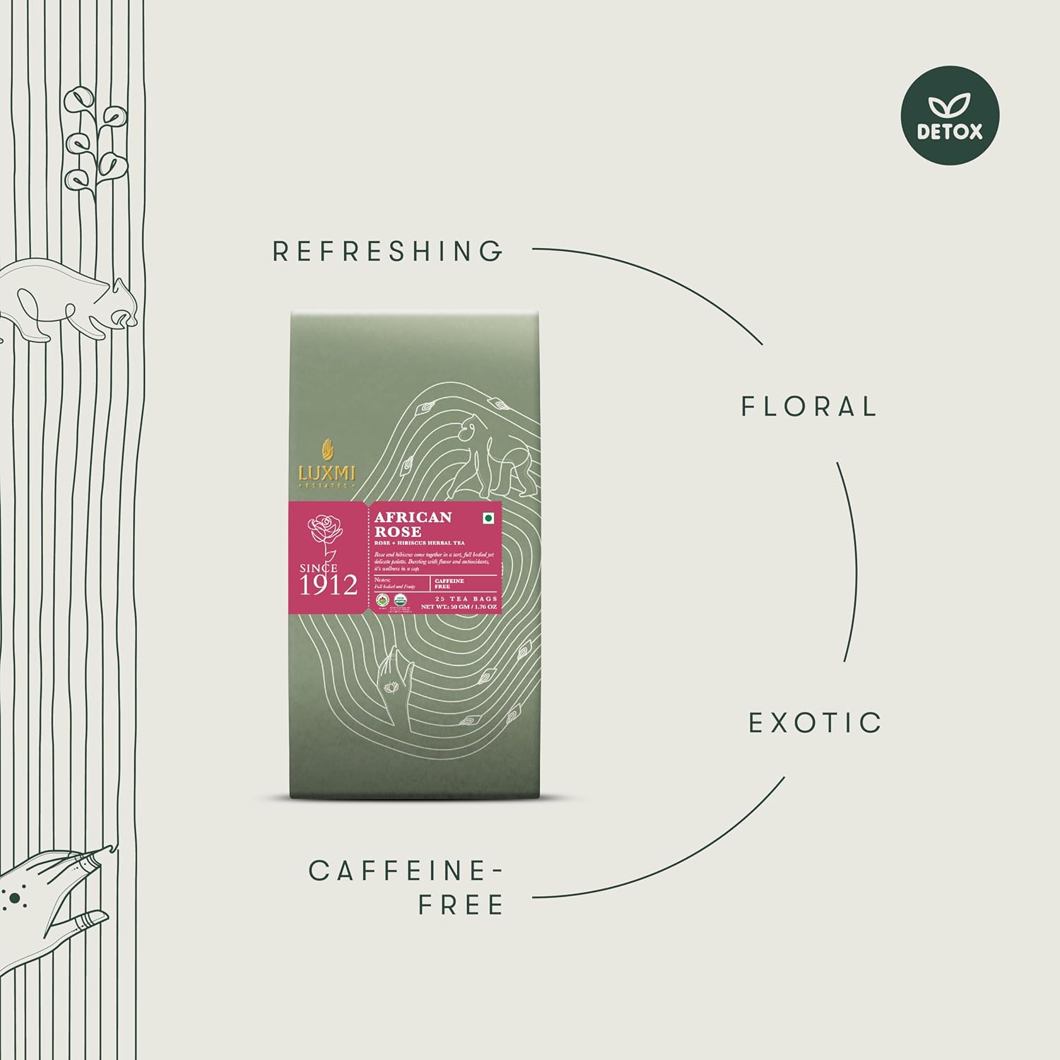 Luxmi Estates African Rose + Hibiscus Herbal Tea - 50gm, 1.7 Ounce, 25 Tea Bags | USDA Certified Organic Tea - Caffeine Free Herbal Tea Bags | Rich In Antioxidants, Additives Free Luxmi Estates African Rose + Hibiscus Herbal Tea - 50gm, 1.7 Ounce, 25 Tea Bags | USDA Certified Organic Tea - Caffeine Free Herbal Tea Bags | Rich In Antioxidants, Additives Free