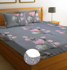 Cotton 1 Double Bedsheets With 2 Pillow Covers - Size - 72 X78 Inches, Grey & Pink | King Size Bed With All Around Elastic Bedsheet - Breathable Long Lasting Light Weight Wrinkle Free