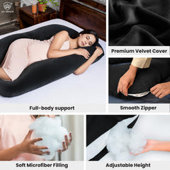 Full Body U Shape Pregnancy Pillow For Women, Maternity Pillow, Black Color | Pillow Gift For Pregnancy Sleeping, Premium Velvet Cover With Zip | Adjustable & Washable, Relieves Pain