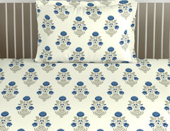Cotton Printed Single Flat Bedsheet With 1 Pillow Cover - 60 X 100 Inches, White & Blue | Breathable & Skin Friendly Bedsheet | Ideal For Year Round Use