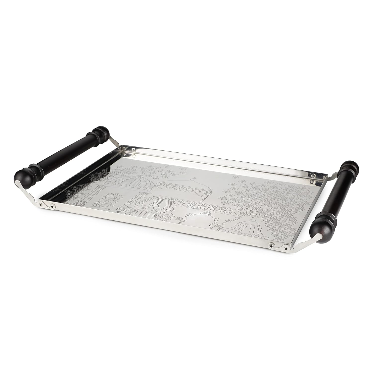 Designer Stainless Steel Serving Tray, Chrome & Black - Pink City Series | Corporate Gifting For Diwali - Premium Kitchen Hamper Dining Table Tray | Dishwasher Safe - Serve Ware & Tableware Designer Stainless Steel Serving Tray, Chrome & Black - Pink City Series | Corporate Gifting For Diwali - Premium Kitchen Hamper Dining Table Tray | Dishwasher Safe - Serve Ware & Tableware
