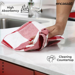 Encasa Xo Kitchen Cooking Cloth 340 Gsm | Cotton Hand Towel For Drying Dishes Highly Absorbent Cleaning & Quick Drying Of Plates | Buffalo Red Checks (Set Of 4)