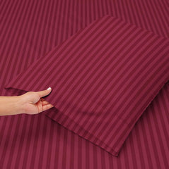 Elastic Fitted Bedsheets With 2 Pillow Covers - 78x72+10 Inches, Maroon | King Size Bed With All Around Elastic 220 Thread Count Super Soft Striped Breathable