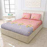 Printed King Size Double Bedsheet With 2 Large Pillow Cover - Size 72 X 78 X 10 Inches, Peach & Grey | Cotton Elastic Fitted All Around Bedsheet - Breathable & Wrinkle Free