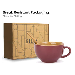 Ceramic Soup Bowl Set With Spoon Set Of 2 - Burgundy Brown, 350ml Each | Soup Mug - Soup Cup | 2 Soup Bowls + 2 Soup Spoons | Glossy Finish Ceramic Soup Bowls - Microwave Safe Soup Cup Set