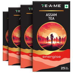 TE-A-ME Energise Assam Tea - Pack Of 4 X 25 Tea Bags | Rich & Robust Flavor, Full-Bodied & Strong Tea - Premium Black Tea | Medium Caffeine, Non-GMO, Gluten Free - Packaging Might Vary