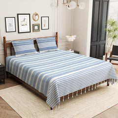 100% Cotton Double Bedsheet With Two Pillow Cover - Queen Size 90 X 100 Inches, Moonstone Blue | Handloom Cotton Bedsheets For Double Bed | All Season Comfort