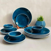 Retro Green Handcrafted Ceramic Dinner Set - 12 Pieces | 4 Dinner Plates + 4 Katori Bowls, 180ml Each+ 4 Quarter Plates Dinnerware Set | Serving For 4, Microwave Safe