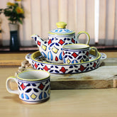 Hand Painted Multicolored Persian Print Tea Set With Kettle | Ceramic Tea Kettle Set With 2 Cups, 150ml Each + 1 Kettle, 400ml + 1 Tray | 4 Pieces - Microwave Safe & Dishwasher Safe