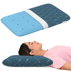 Cool Gel Memory Foam Pillow, Orthopedic Pillow For Sleeping, Thin Size - 3 Inch | Neck Pain Relief, Washable Blue Checks Cover | Removable Cover, Breathable, Pillow - Pack Of 1