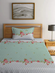 Printed Single Bedsheet Size With 1 Pillow Cover - 60 X 90 Inches, White & Green | Cotton Wrinkle Free Soft, Breathable | Durable & Long-Lasting