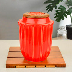 Hand Glazed Multi Utility Storage Airtight Ceramic Jar With Wooden Lid 1000ml, Red | Airtight Ceramic Kitchen Canister - Cookie Jar - Pickle Storage Container, Burni