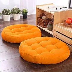 Velvet Round Floor Cushions Pillow, Outdoor, Meditation For Yoga, Amber Yellow | Leisure Floor Pillows, Washable, Soft & Comfortable Pillows | Uses - Balcony, Living Room - Pack Of 2