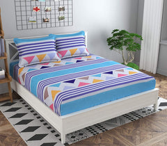 King Size Double Bed Bedsheet With 2 Pillow Cover With 2 Pillow Cover - 72 X 78 X 8 Inches, White & Blue | Cotton Elastic Fitted Printed Bedsheet