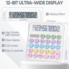 Desktop Calculator, Powered By Batteries (Included) 12 Digit Large LCD Display, Big Buttons Easy To Press, Automatic Sleep, For Office, School, Home. (White)
