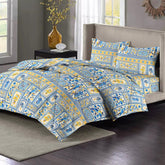 1 Double Bedsheet & 2 Pillow Covers With 1 Comforter Set - 90 X 100 Inches, White & Blue | Super Soft Glace Cotton King Size - 4 Pcs Bedding Set | Perfect Gifts Set Wedding, Anniversary