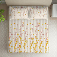 Double Bedsheet With 2 Pillow Covers (Size 88 X 100 Inch) Cream & White | Breathable Pure Cotton Queen Size Bedsheet | Floral Design Bedsheet