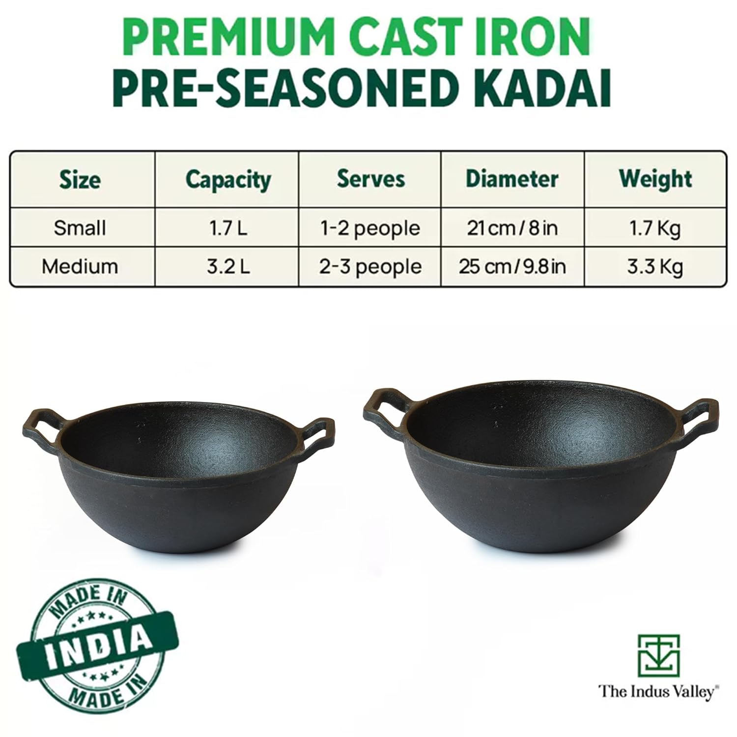 Pre-Seasoned Black Cast Iron Kadai With Curved Handle - Medium, 25cm, 9.8 Inch, 3.2 Liters, 3.3 Kg | Induction Friendly, Naturally Nonstick Kadhai, 100% Pure & Toxin-Free, No Chemical Coating Pre-Seasoned Black Cast Iron Kadai With Curved Handle - Medium, 25cm, 9.8 Inch, 3.2 Liters, 3.3 Kg | Induction Friendly, Naturally Nonstick Kadhai, 100% Pure & Toxin-Free, No Chemical Coating