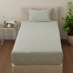Elastic Fitted Bedsheet For Single Bed Pure Cotton With 1 Pillow Cover | 36 X 78 Inches, Sage Green & White | Lightweight, Soft, & Comfortable