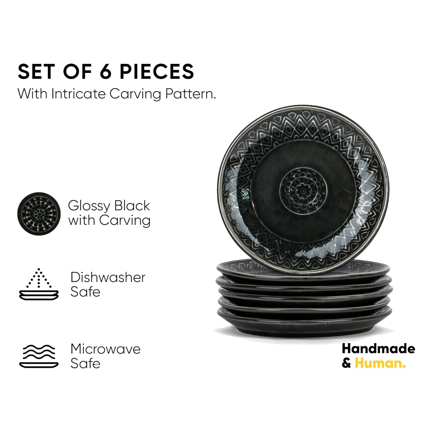 Quarter Plates Set Of 6, Black Carving | Ceramic Snack Plates - Snacks Plates Set | Dessert Plates - Snack Plate | Small Plates With Glossy Finish - Microwave Safe & Chip Resistant Quarter Plates Set Of 6, Black Carving | Ceramic Snack Plates - Snacks Plates Set | Dessert Plates - Snack Plate | Small Plates With Glossy Finish - Microwave Safe & Chip Resistant