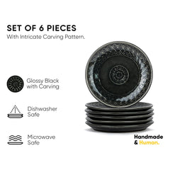 Quarter Plates Set Of 6, Black Carving | Ceramic Snack Plates - Snacks Plates Set | Dessert Plates - Snack Plate | Small Plates With Glossy Finish - Microwave Safe & Chip Resistant
