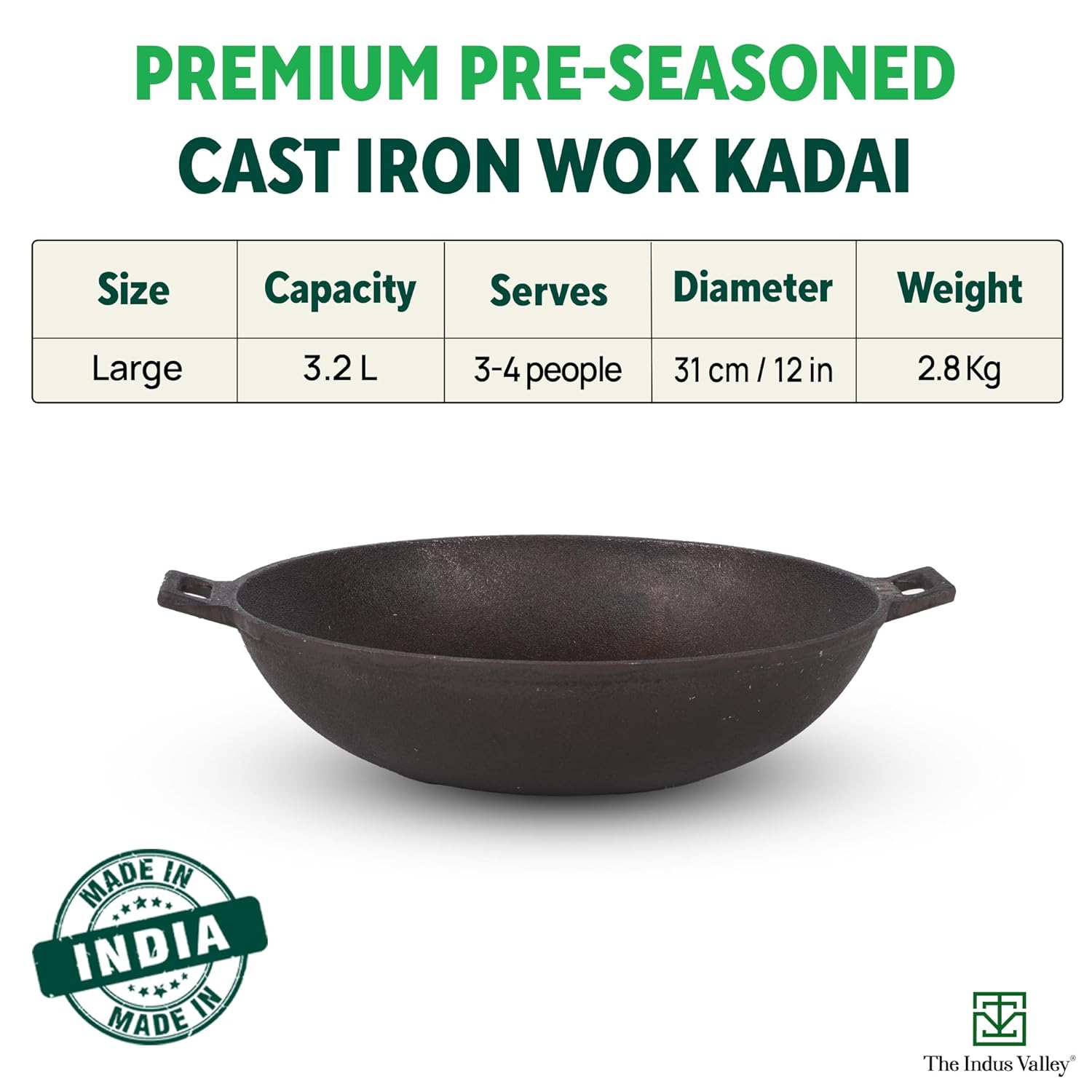 Pre-Seasoned Black Cast Iron Wok Kadai - Large, 31cm, 12 Inch, 3.2 Liters, 2.8 Kg | Induction Friendly, Naturally Nonstick, 100% Pure & Toxin-Free, No Chemical Coating Pre-Seasoned Black Cast Iron Wok Kadai - Large, 31cm, 12 Inch, 3.2 Liters, 2.8 Kg | Induction Friendly, Naturally Nonstick, 100% Pure & Toxin-Free, No Chemical Coating