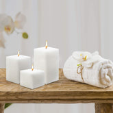 WHITE SQUARE CANDLES 3, 4, 6 INCH SET OF 3 | BURNING TIME OF 40 TO 80 HOURS
