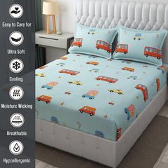 Wrinkle Free Soft Kids Double Bedsheets For King Size With 2 Pillow Cover | 90 X 95 Inches, Aqua | Cartoon Printed Design | Child Bedroom Decor