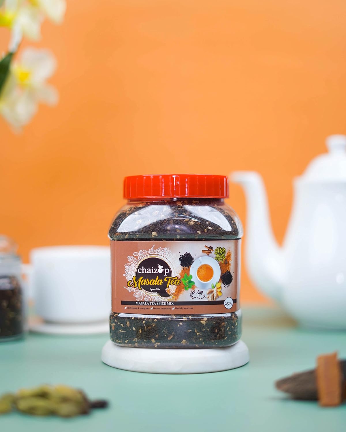 Chaizup Premium 1 Min Instant Masala Tea Premix - 250gm Jar, 8.8 Ounce | Just Add Hot Water - Assam Masala Chai Powder | Low Caffeine, No Added Color - Home Like Tea Chaizup Premium 1 Min Instant Masala Tea Premix - 250gm Jar, 8.8 Ounce | Just Add Hot Water - Assam Masala Chai Powder | Low Caffeine, No Added Color - Home Like Tea