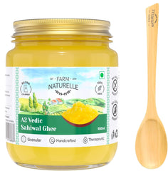 Organic Natural A2 Vedic Sahiwal Ghee By Farm Naturelle | Natural & Healthy Desi Cow Ghee Perfect For Overall Health | (500ml) 16.9 Ounce With Wooden Spoon (50ml) 1.6 Ounce | Jar Pack