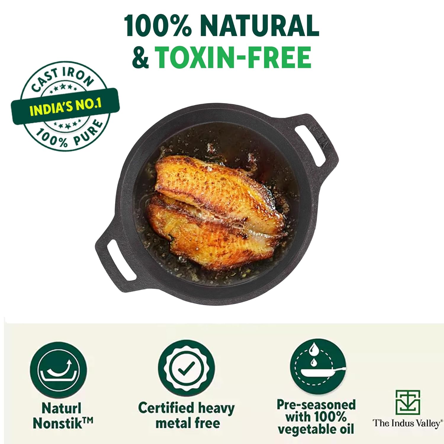 Pre-Seasoned Black Cast Iron Fish Fry Pan With Double Handle - Medium 22.4 Cm, 8.8 Inch, 1.5 Kg | Induction Friendly, Nonstick Fish Fry Pan, 100% Pure & Toxin Free, No Chemical Coating Pre-Seasoned Black Cast Iron Fish Fry Pan With Double Handle - Medium 22.4 Cm, 8.8 Inch, 1.5 Kg | Induction Friendly, Nonstick Fish Fry Pan, 100% Pure & Toxin Free, No Chemical Coating