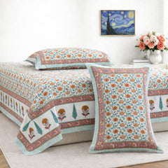 Pure Cotton Double Bedsheet For King Size With 2 Pillow Covers | 90 X 108 Inches, Green & Mustard | Ultra-Soft & Skin-Safe | Breathable Summer Comfort