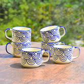 Hand Painted Blue Spiral Ceramic Cups Set Of 6 - Blue, 150ml Each | Microwave & Dishwasher Safe Tea Cups & Mugs - Cups For Chai, Coffee, Cappuccino, Milk, Latte, Hot & Cold Drinks