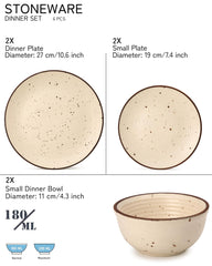 Handcrafted Ceramic Stoneware Dinner Set Of 6 Pcs, Beige | 2 Dinner Plates, 10.6 Inch Each + 2 Small Plates, 7.4 Inch Each + 2 Small Dinner Bowl, 180ml Each | Microwave & Dishwasher Safe